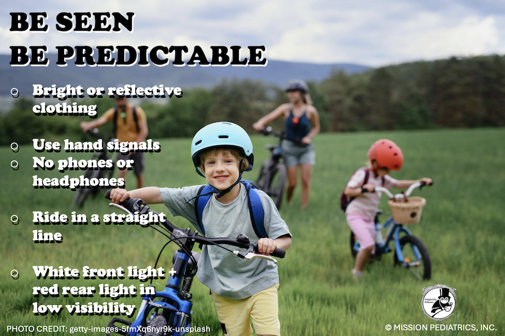 Be Seen, Be Predictable. -Bright or Reflective clothing -Use Hand Signals -No Phones or Headphones -Ride in Straight Line -White Front Light + Red Rear Light in Low Visibility