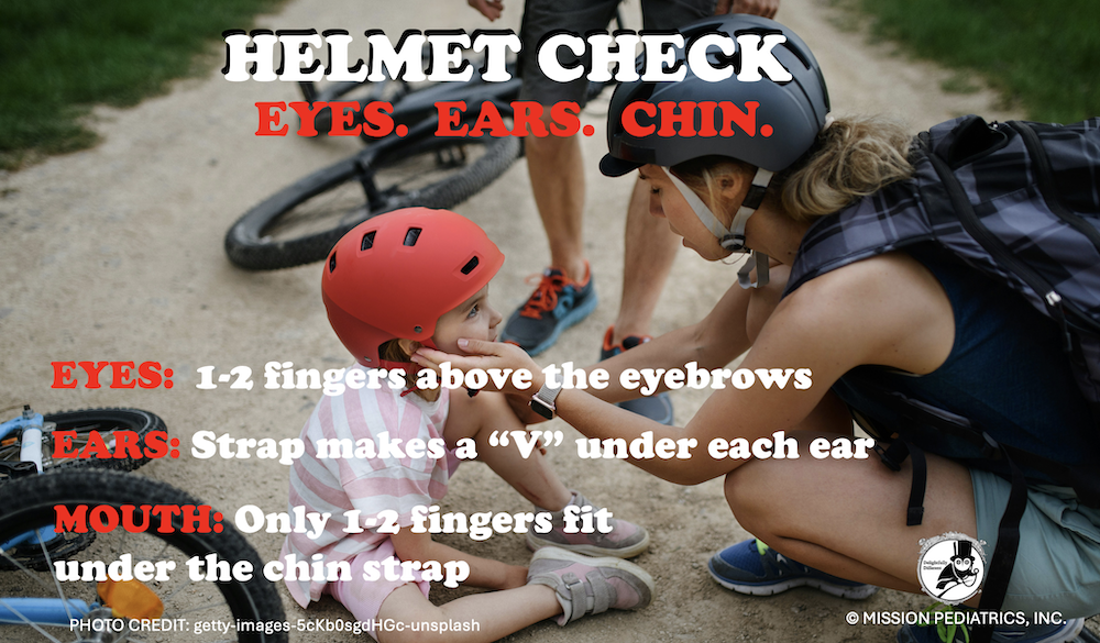 Helmet Check. Eyes. Ears. Chin. Eyes: 1-2 Fingers Above the Eyebrows Ears: Strap Makes a "V" Under Each Ear. Mouth: Only 1-2 Fingers Fit Under the Chin Strap